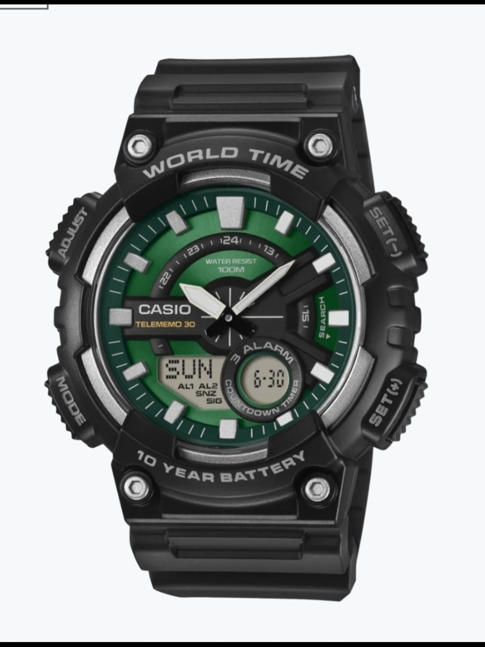 Casio Analog/Digital World Time Watch, Black w/Green Dial, AEQ110W-3A2VWT, NEW!!